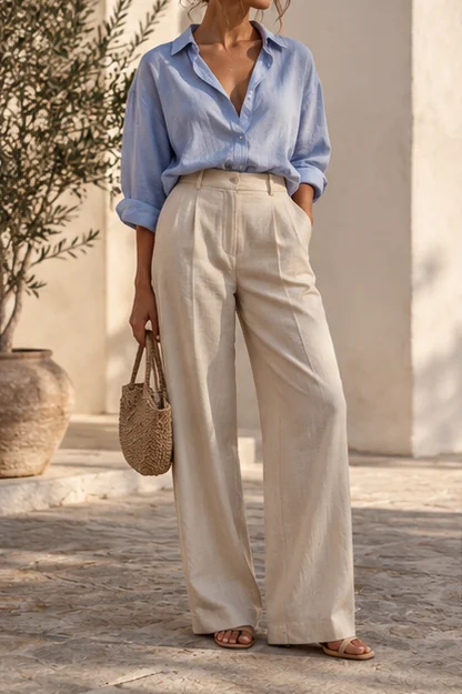 Conjunto descontraído com camisa azul-clara e calças creme